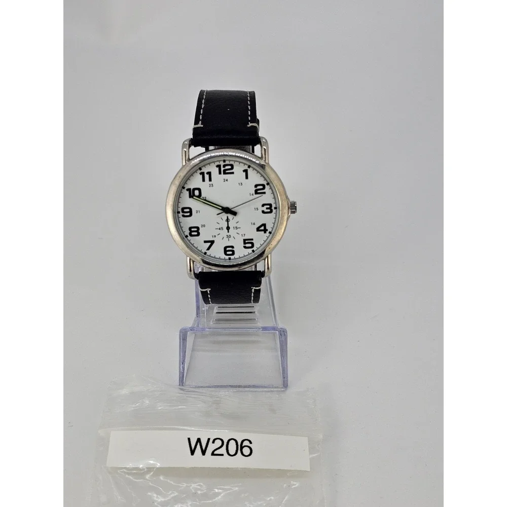Men Easy Read Analog Watch 41MM White Dial Black Faux Leather Bands New Battery